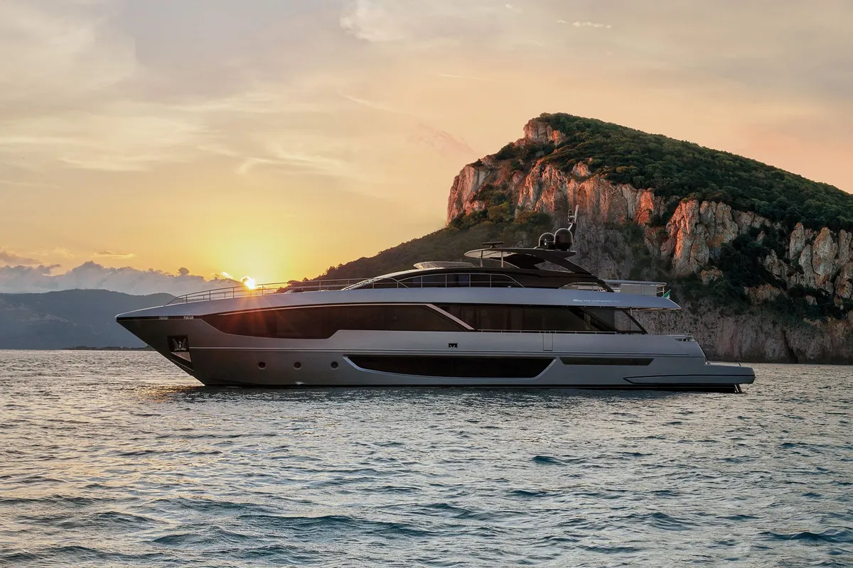 Exterior view of Icona, a Riva 102 Corsaro Super motor yacht at Mandelieu-la-Napoule, France