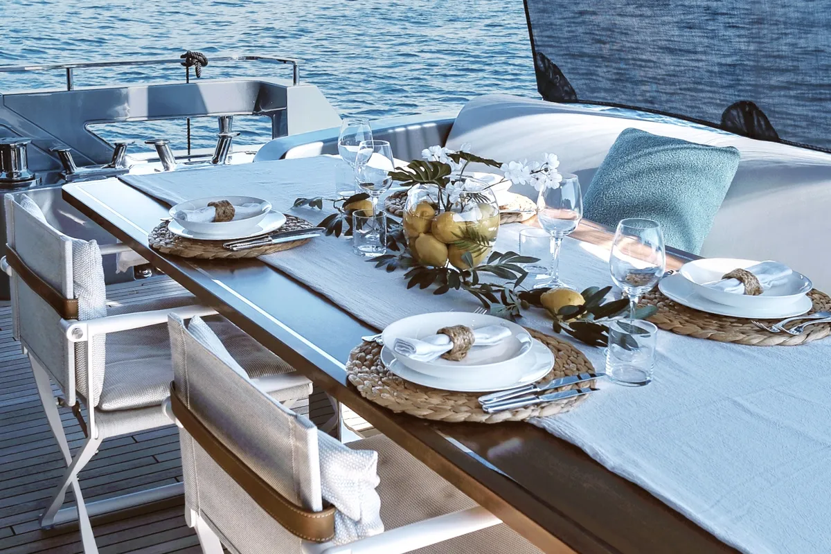 Deck of Icona, a Riva 102 Corsaro Super motor yacht at Mandelieu-la-Napoule, France