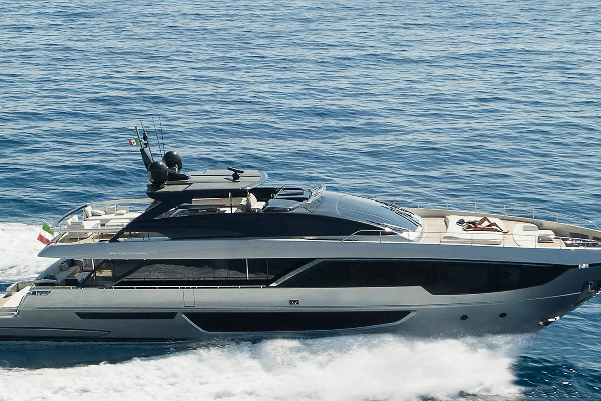 Exterior view of Icona, a Riva 102 Corsaro Super motor yacht at Mandelieu-la-Napoule, France
