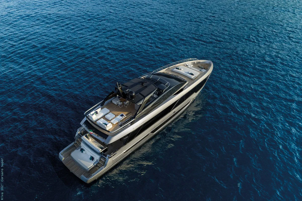 Exterior view of Icona, a Riva 102 Corsaro Super motor yacht at Mandelieu-la-Napoule, France