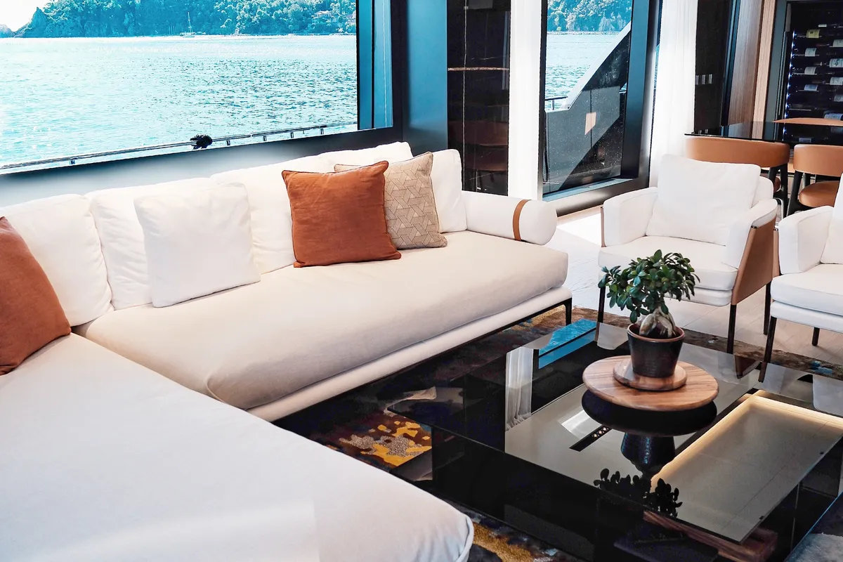 Salon of Icona, a Riva 102 Corsaro Super motor yacht at Mandelieu-la-Napoule, France