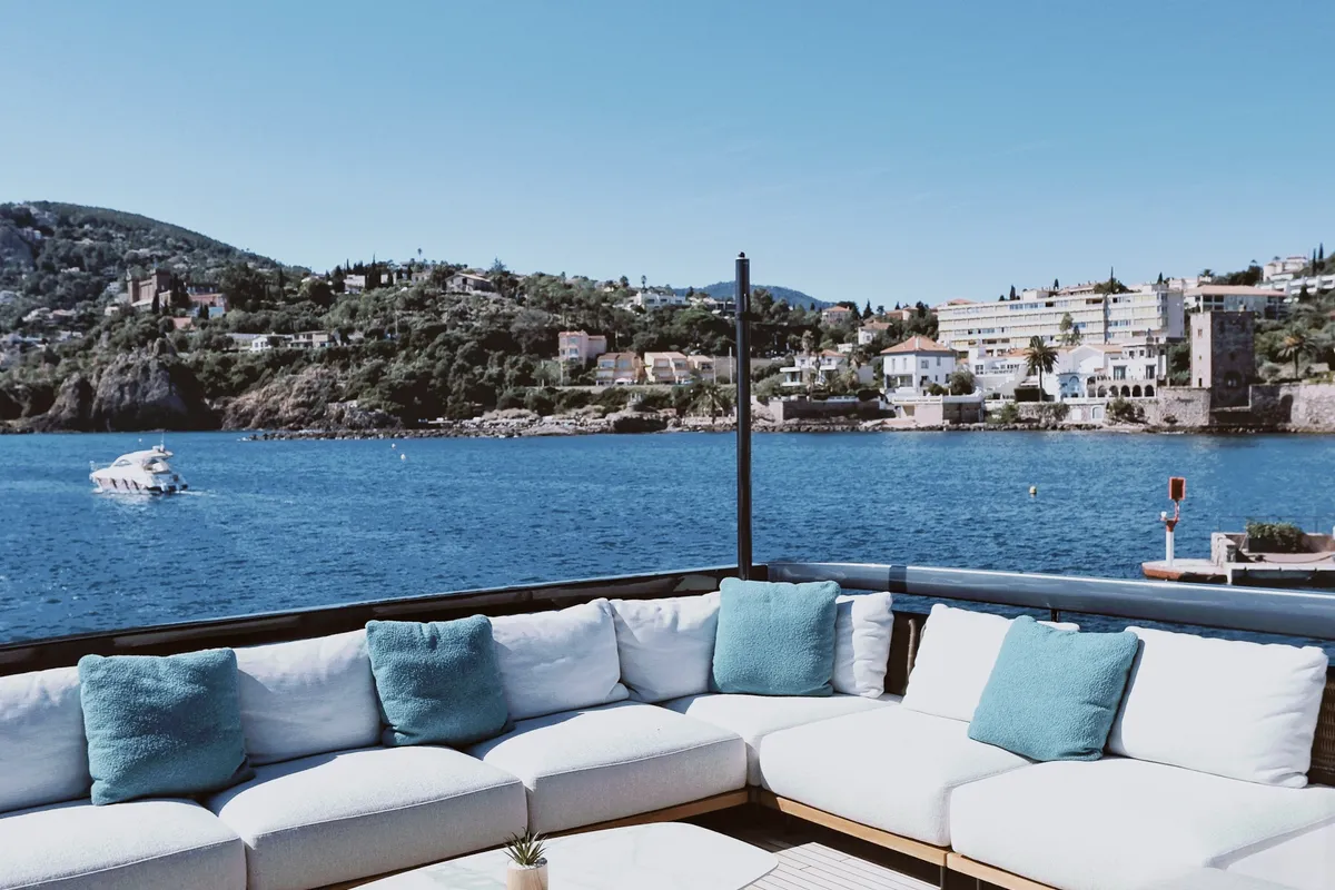 Deck of Icona, a Riva 102 Corsaro Super motor yacht at Mandelieu-la-Napoule, France