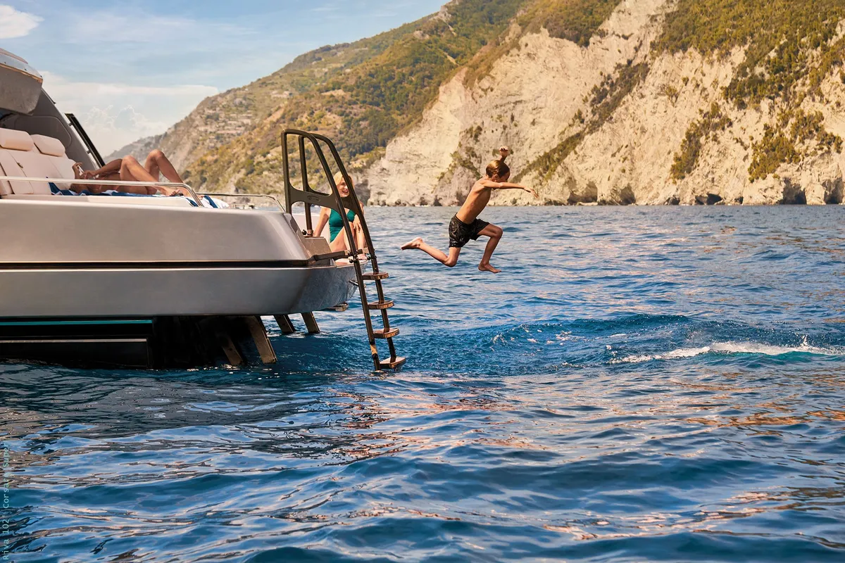 Exterior view of Icona, a Riva 102 Corsaro Super motor yacht at Mandelieu-la-Napoule, France