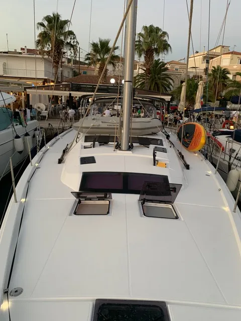 Deck of Princess Leia, a Dufour 530 sailboat at Lavrion, Greece