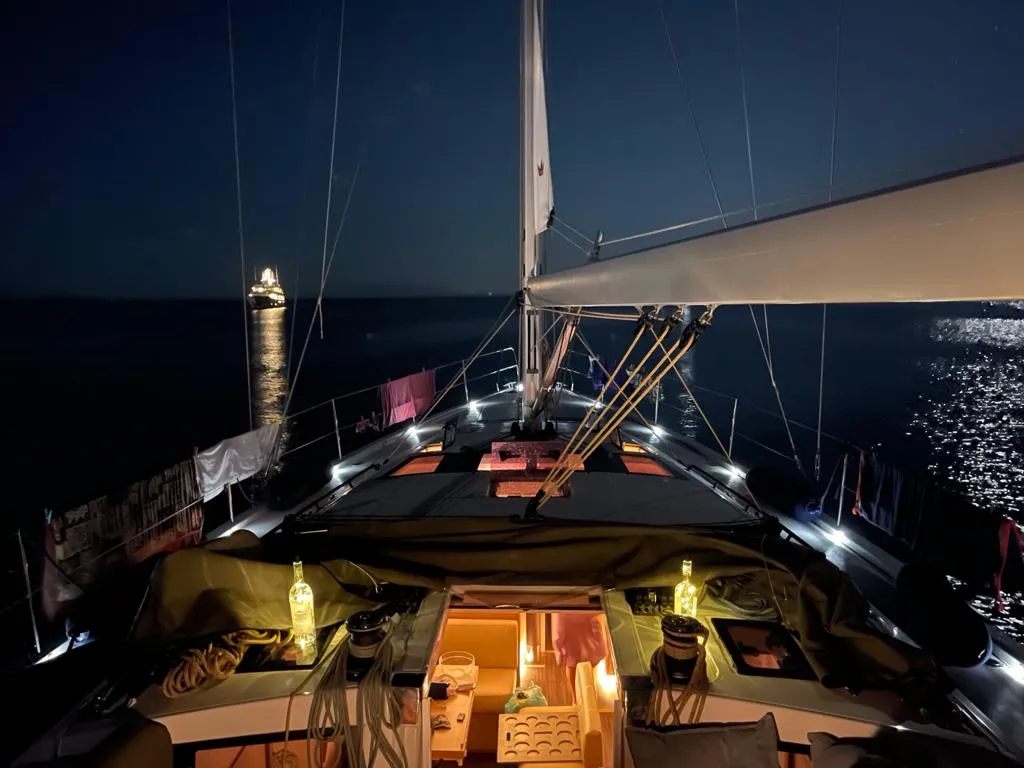 Deck of Princess Leia, a Dufour 530 sailboat at Lavrion, Greece