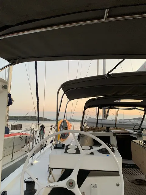 Cockpit of Princess Leia, a Dufour 530 sailboat at Lavrion, Greece