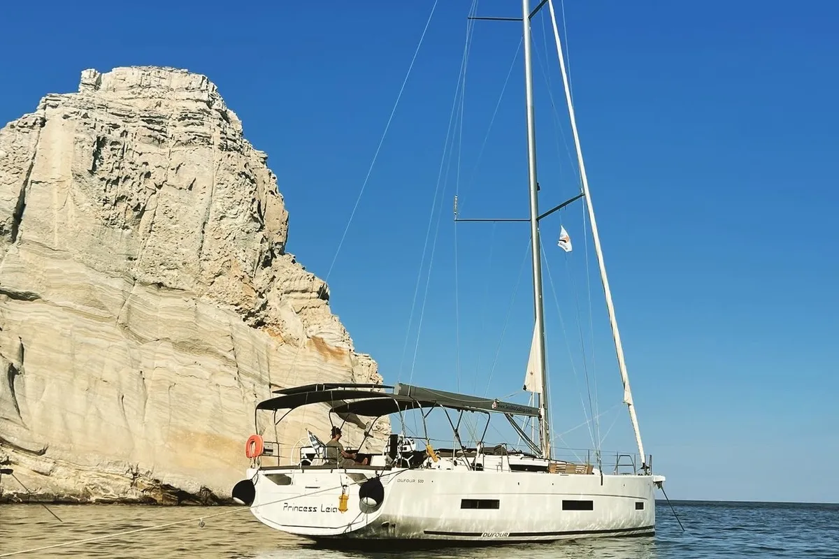 Exterior view of Princess Leia, a Dufour 530 sailboat at Lavrion, Greece