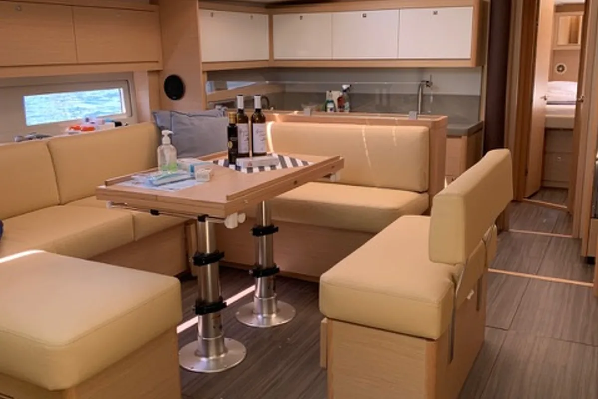 Salon of Princess Leia, a Dufour 530 sailboat at Lavrion, Greece