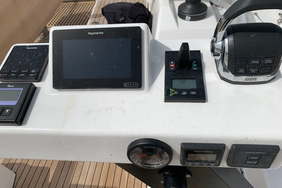 Cockpit of Princess Leia, a Dufour 530 sailboat at Lavrion, Greece