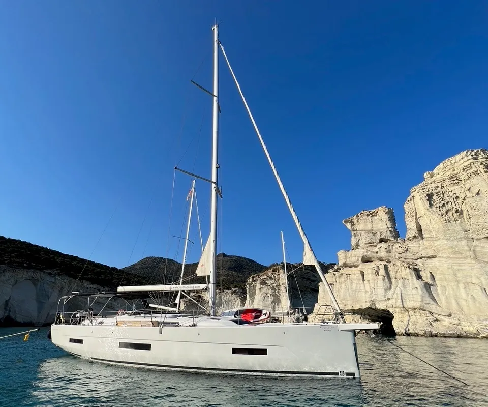 Exterior view of Princess Leia, a Dufour 530 sailboat at Lavrion, Greece