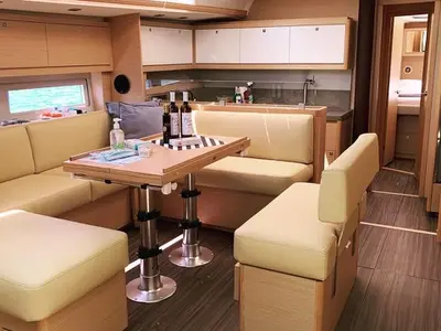 Salon of Princess Leia, a Dufour 530 sailboat at Lavrion, Greece