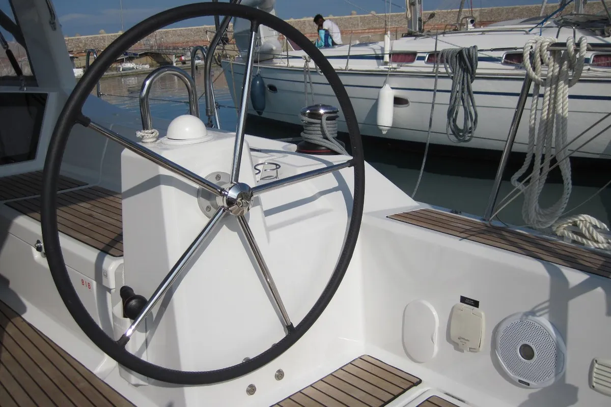 Cockpit of Stella, a Beneteau Oceanis 41.1 sailboat at Capo d'Orlando, Italy
