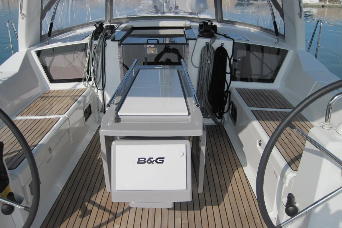 Cockpit of Stella, a Beneteau Oceanis 41.1 sailboat at Capo d'Orlando, Italy