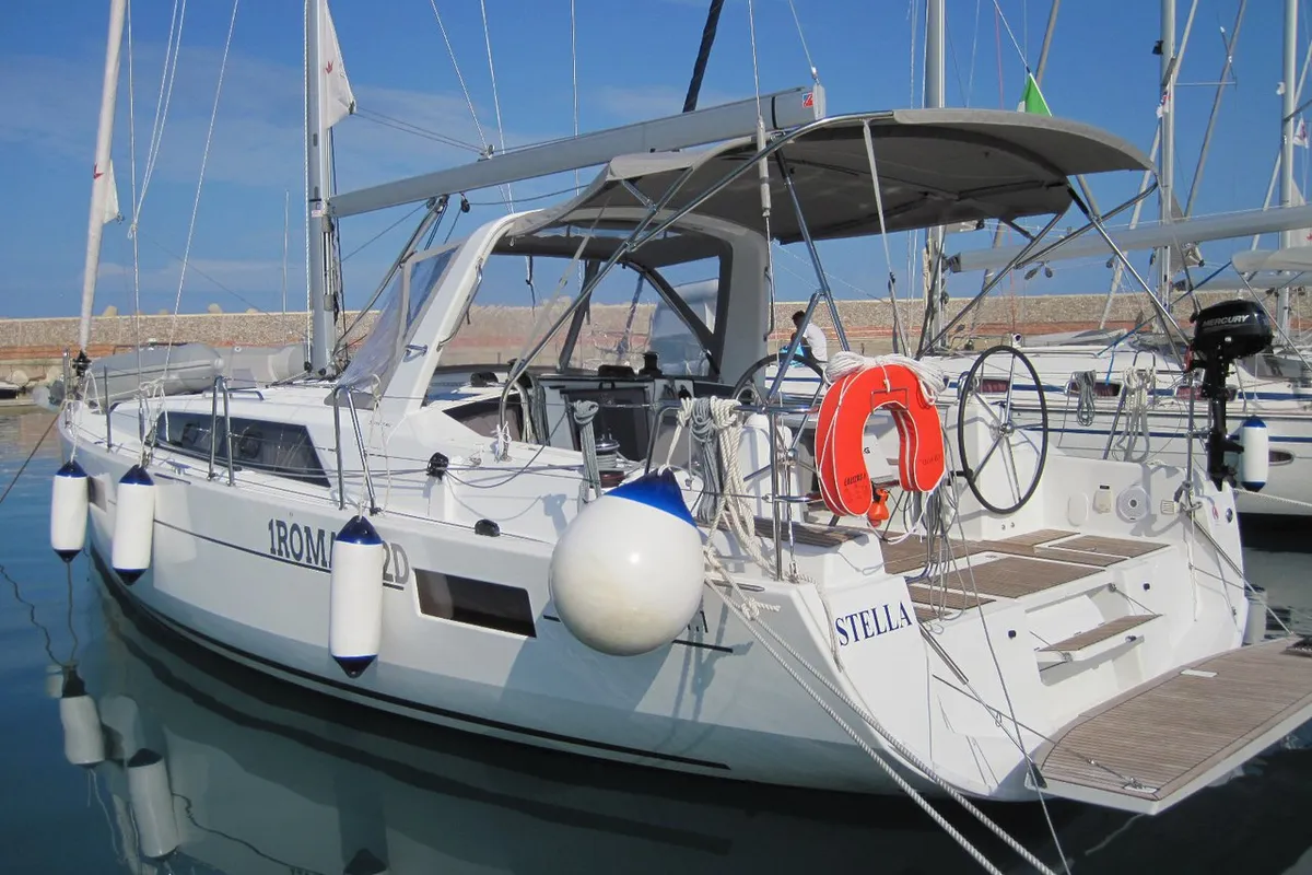 Exterior view of Stella, a Beneteau Oceanis 41.1 sailboat at Capo d'Orlando, Italy