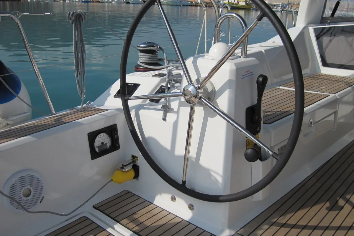 Cockpit of Stella, a Beneteau Oceanis 41.1 sailboat at Capo d'Orlando, Italy