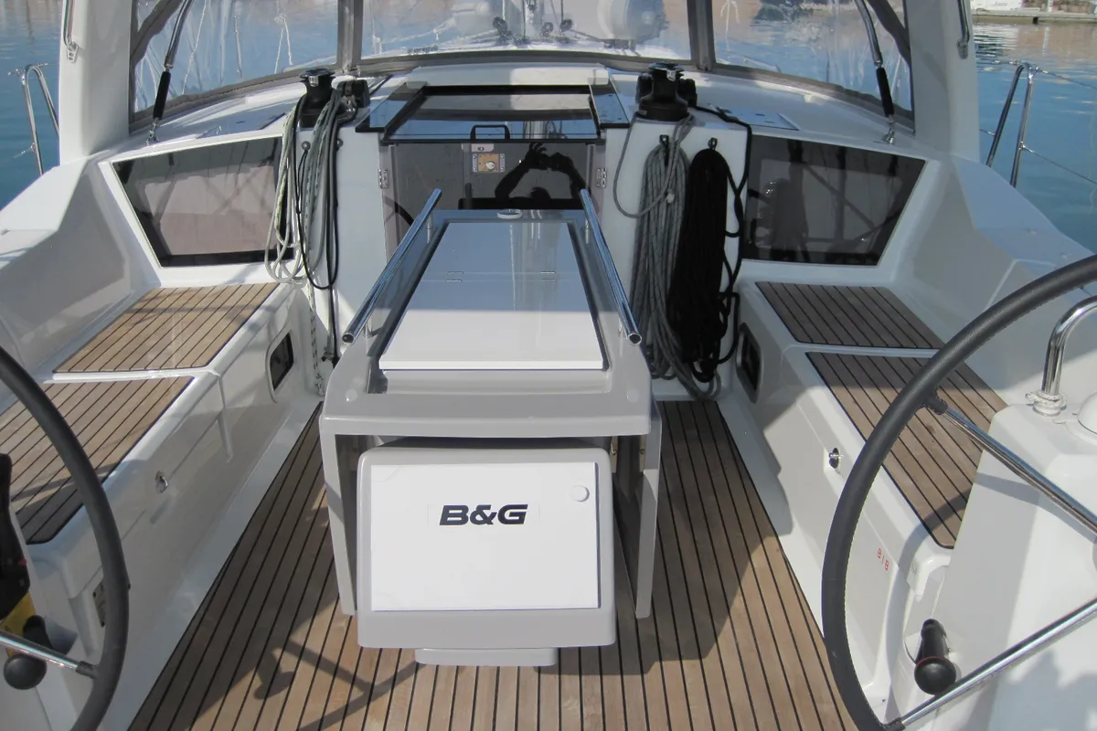 Cockpit of Stella, a Beneteau Oceanis 41.1 sailboat at Capo d'Orlando, Italy
