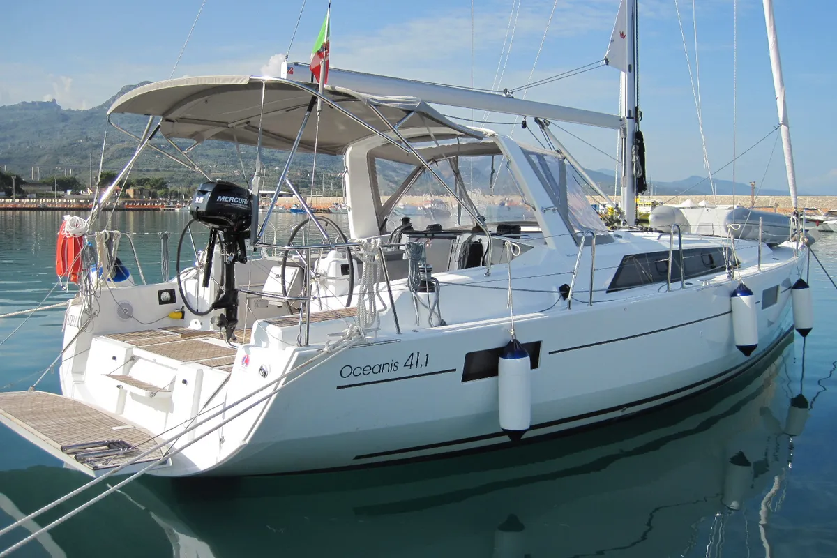 Exterior view of Stella, a Beneteau Oceanis 41.1 sailboat at Capo d'Orlando, Italy