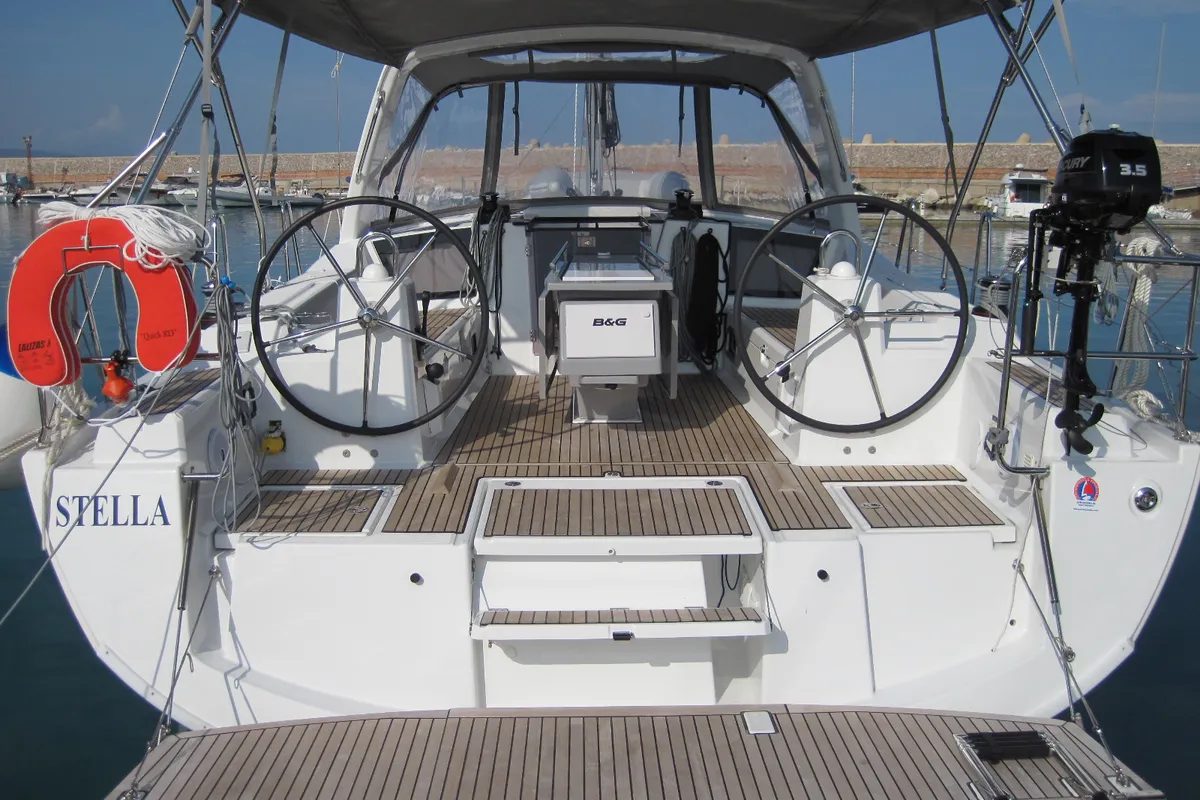 Cockpit of Stella, a Beneteau Oceanis 41.1 sailboat at Capo d'Orlando, Italy