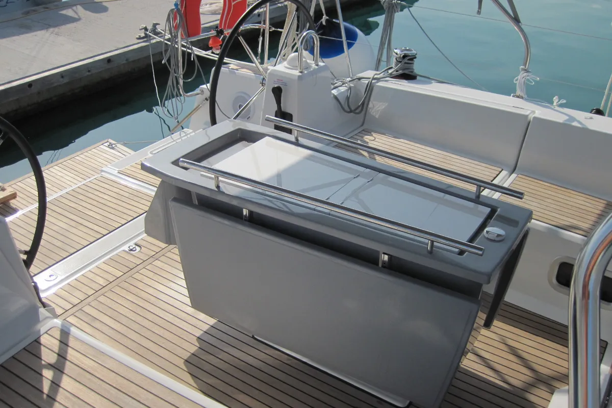 Cockpit of Stella, a Beneteau Oceanis 41.1 sailboat at Capo d'Orlando, Italy