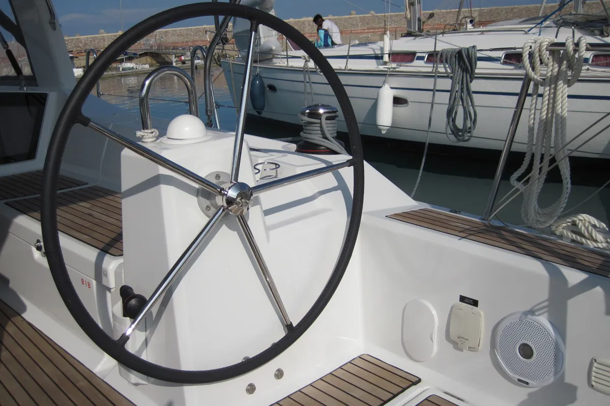 Cockpit of Stella, a Beneteau Oceanis 41.1 sailboat at Capo d'Orlando, Italy