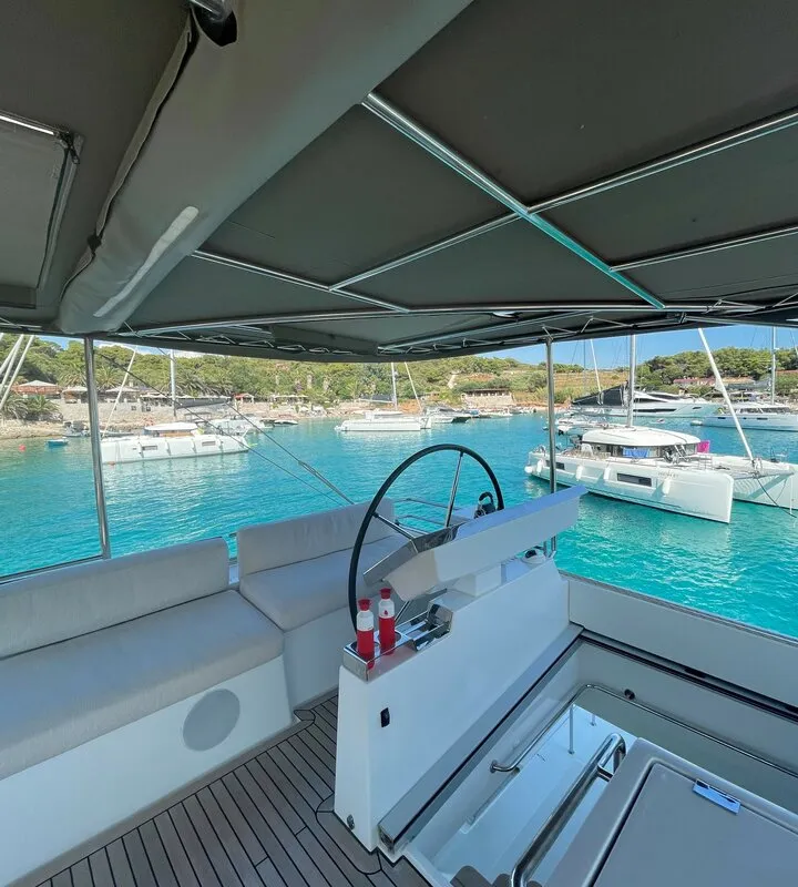 Cockpit of Adriatic Tiger, a Lagoon 620 catamaran at Split, Croatia