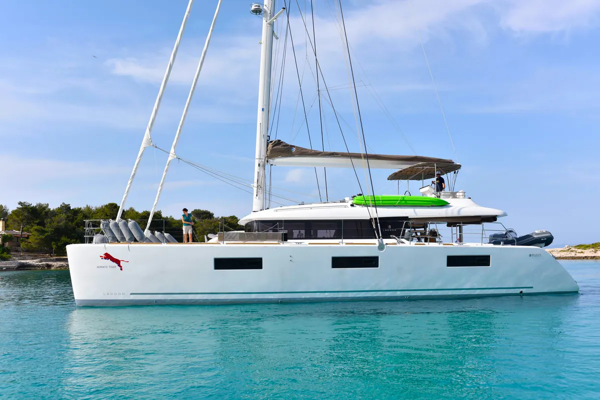 Exterior view of Adriatic Tiger, a Lagoon 620 catamaran at Split, Croatia