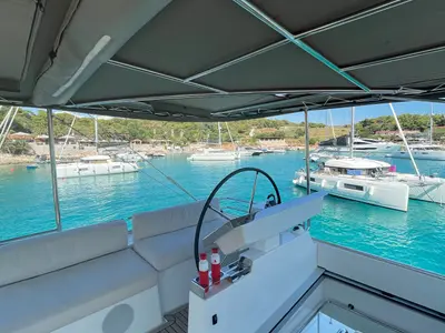 Cockpit of Adriatic Tiger, a Lagoon 620 catamaran at Split, Croatia