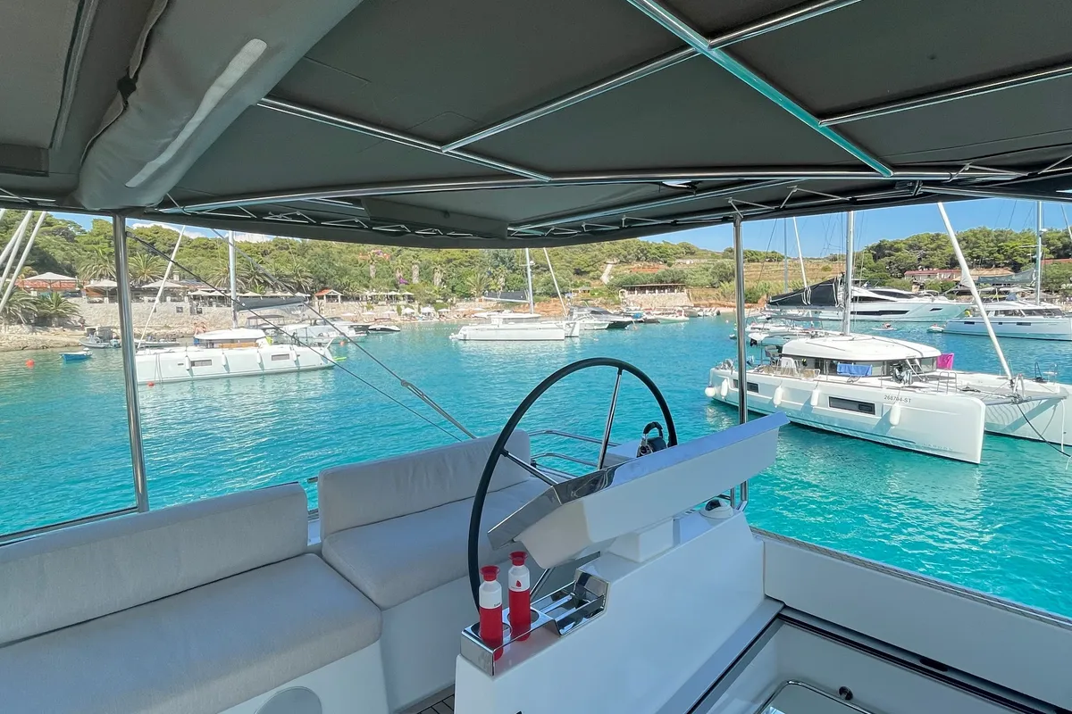 Cockpit of Adriatic Tiger, a Lagoon 620 catamaran at Split, Croatia