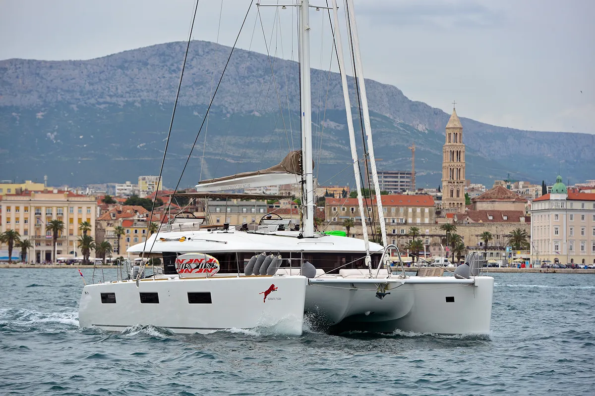 Exterior view of Adriatic Tiger, a Lagoon 620 catamaran at Split, Croatia
