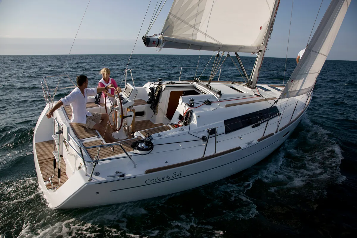 Exterior view of Seneca, a Beneteau Oceanis 34 sailboat at Castelló d'Empúries, Spain