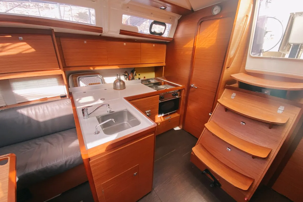 Galley of Les Copains D'abord, a Dufour 390 GL sailboat at Marseille, France