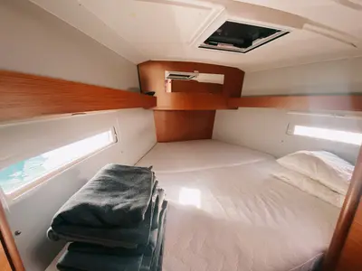Cabin on Les Copains D'abord, a Dufour 390 GL sailboat at Marseille, France