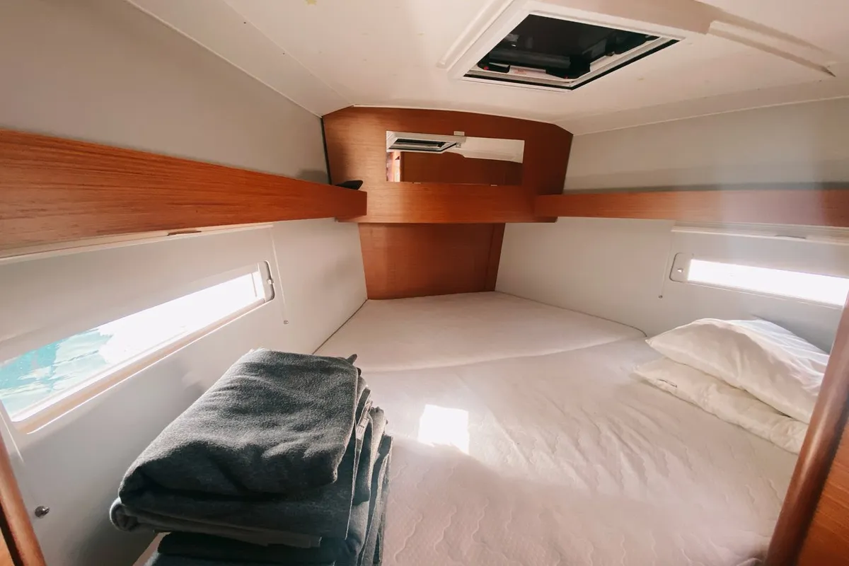 Cabin on Les Copains D'abord, a Dufour 390 GL sailboat at Marseille, France