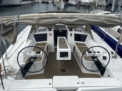Cockpit of Les Copains D'abord, a Dufour 390 GL sailboat at Marseille, France