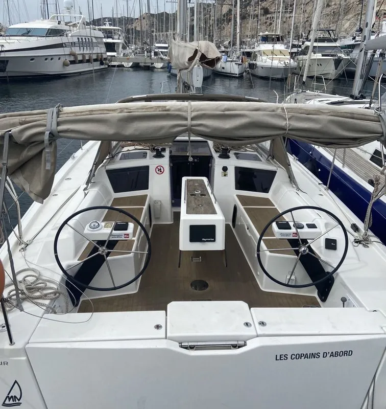 Cockpit of Les Copains D'abord, a Dufour 390 GL sailboat at Marseille, France