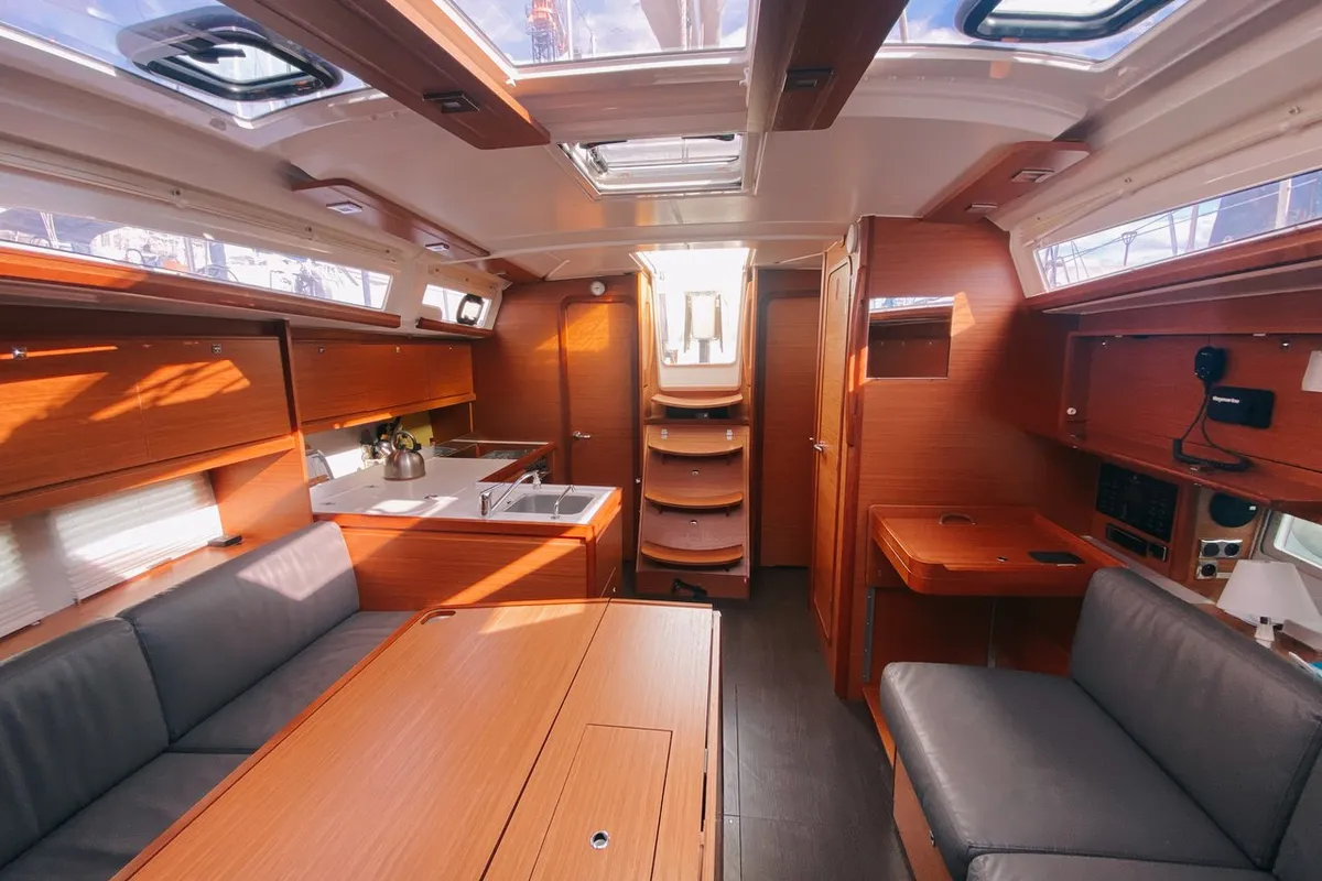 Salon of Les Copains D'abord, a Dufour 390 GL sailboat at Marseille, France