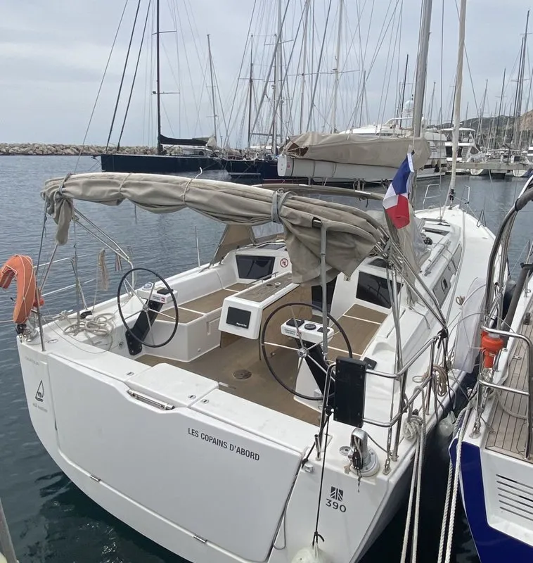 Exterior view of Les Copains D'abord, a Dufour 390 GL sailboat at Marseille, France