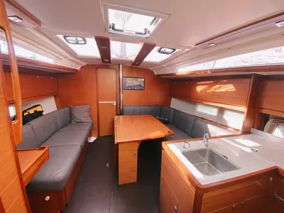 Salon of Les Copains D'abord, a Dufour 390 GL sailboat at Marseille, France