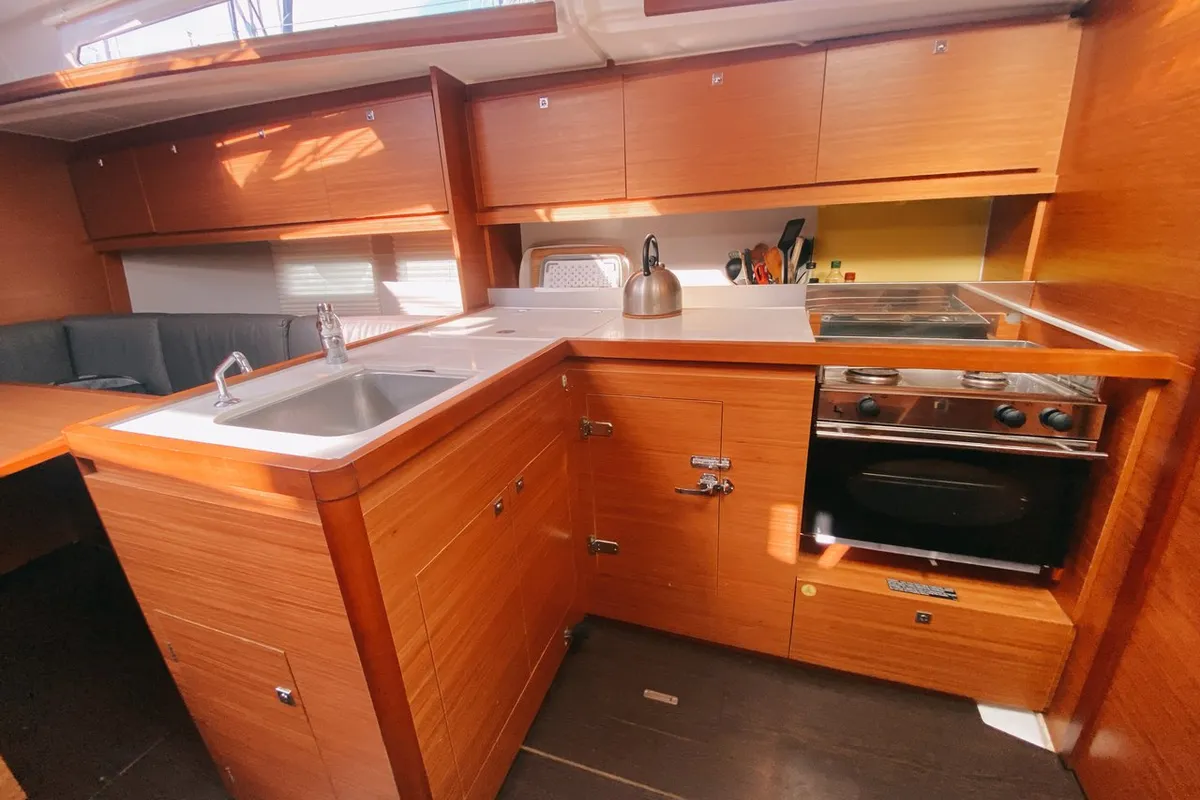 Galley of Les Copains D'abord, a Dufour 390 GL sailboat at Marseille, France