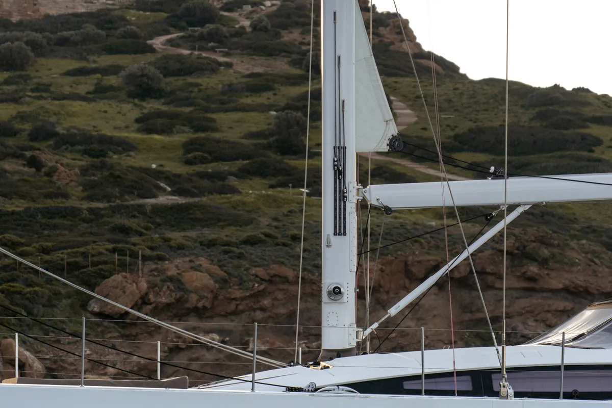 Exterior view of Golden Slumbers, a Jeanneau 64 sailboat at Lavrion, Greece