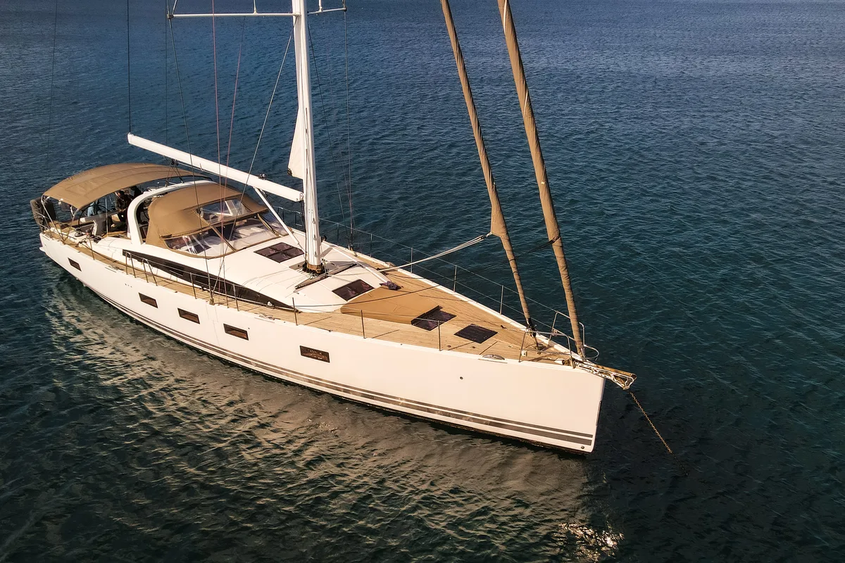 Exterior view of Golden Slumbers, a Jeanneau 64 sailboat at Lavrion, Greece
