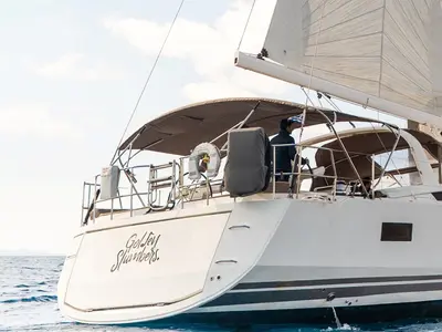 Cockpit of Golden Slumbers, a Jeanneau 64 sailboat at Lavrion, Greece