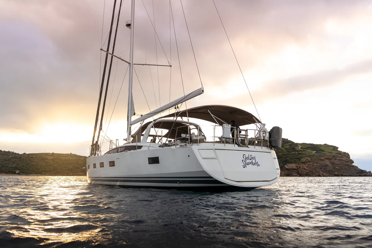 Exterior view of Golden Slumbers, a Jeanneau 64 sailboat at Lavrion, Greece