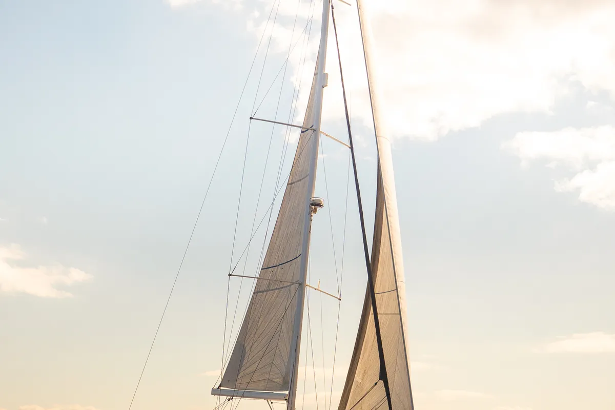 Exterior view of Golden Slumbers, a Jeanneau 64 sailboat at Lavrion, Greece