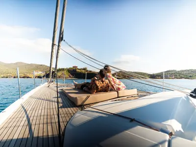 Deck of Golden Slumbers, a Jeanneau 64 sailboat at Lavrion, Greece
