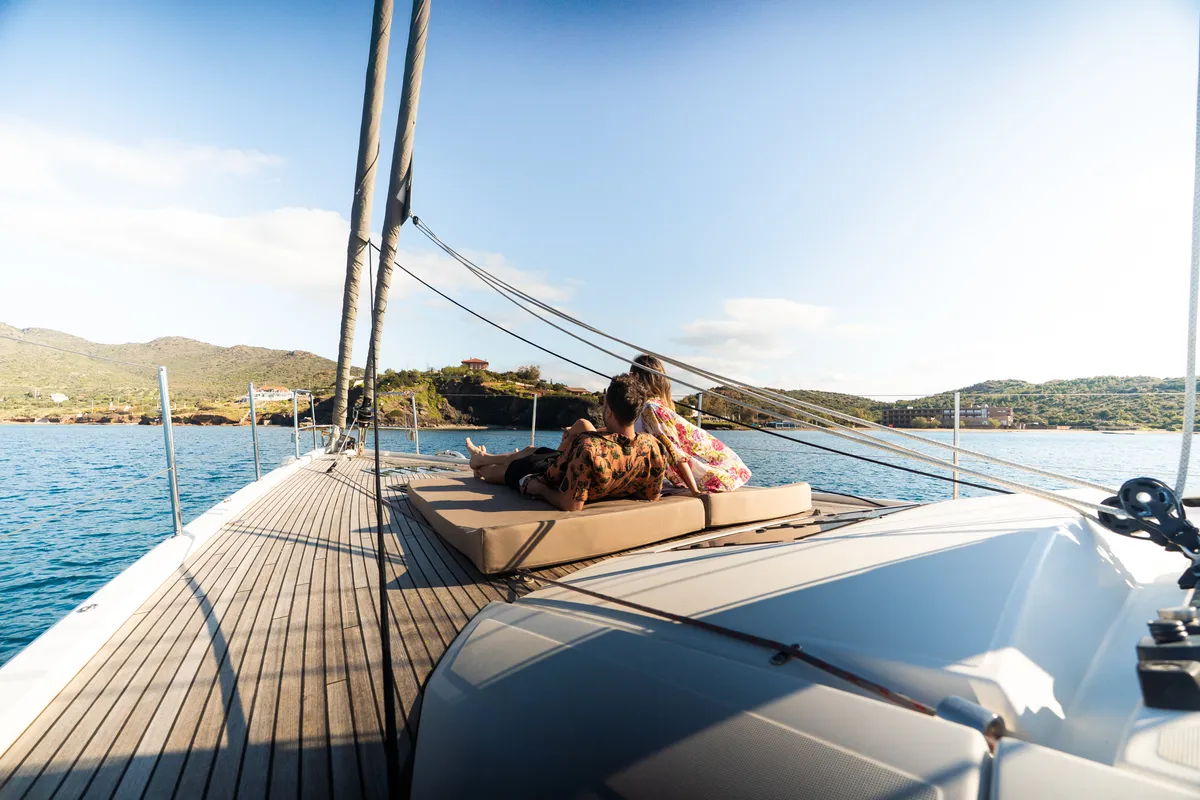 Deck of Golden Slumbers, a Jeanneau 64 sailboat at Lavrion, Greece
