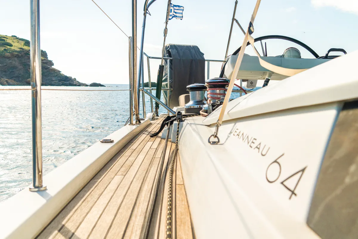 Deck of Golden Slumbers, a Jeanneau 64 sailboat at Lavrion, Greece