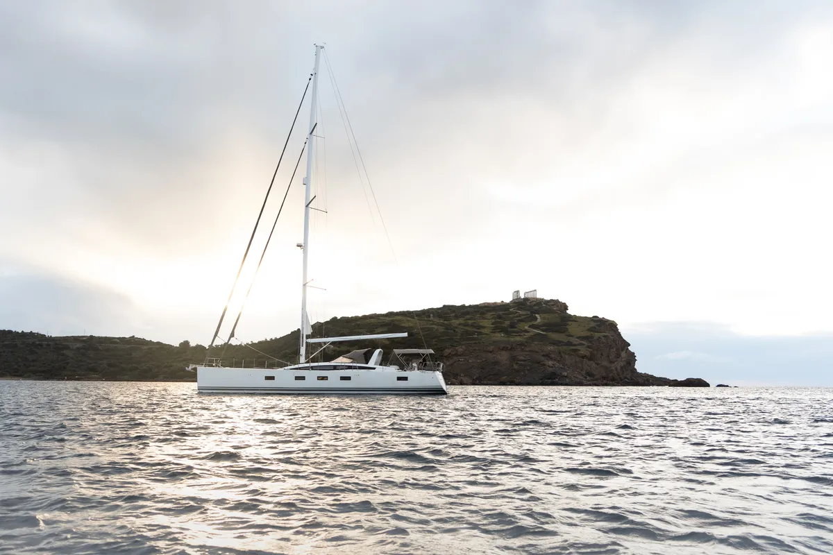 Exterior view of Golden Slumbers, a Jeanneau 64 sailboat at Lavrion, Greece