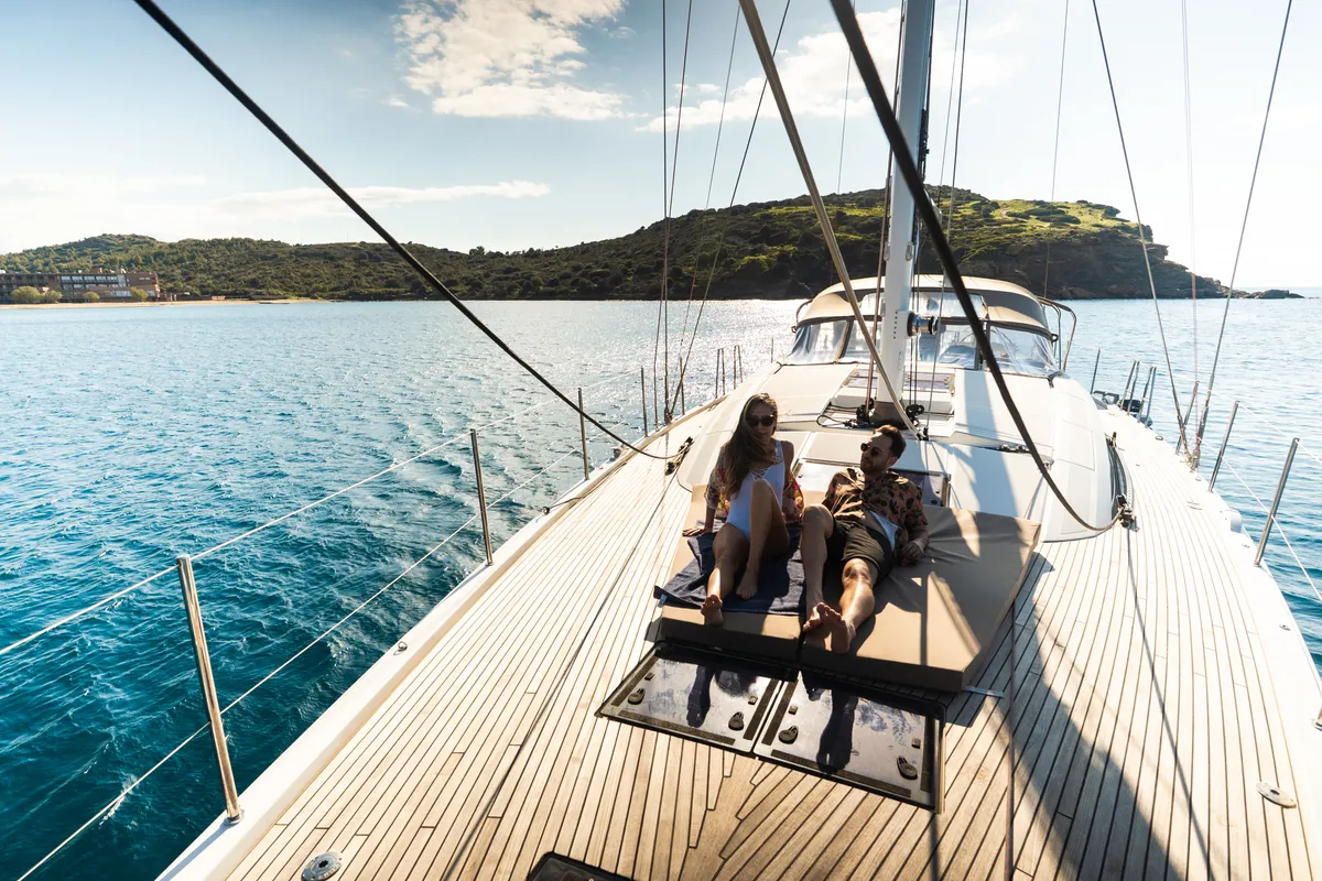 Deck of Golden Slumbers, a Jeanneau 64 sailboat at Lavrion, Greece