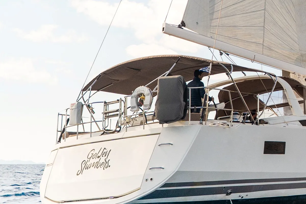Exterior view of Golden Slumbers, a Jeanneau 64 sailboat at Lavrion, Greece